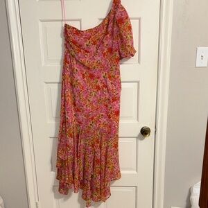 Astr One Shoulder Puff Sleeve Pink and Orange Floral Dress